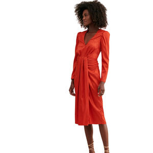 Saylor Farrow Dress Satin Jacquard Midi Dress Orange-Red Puff Sleeve Textured